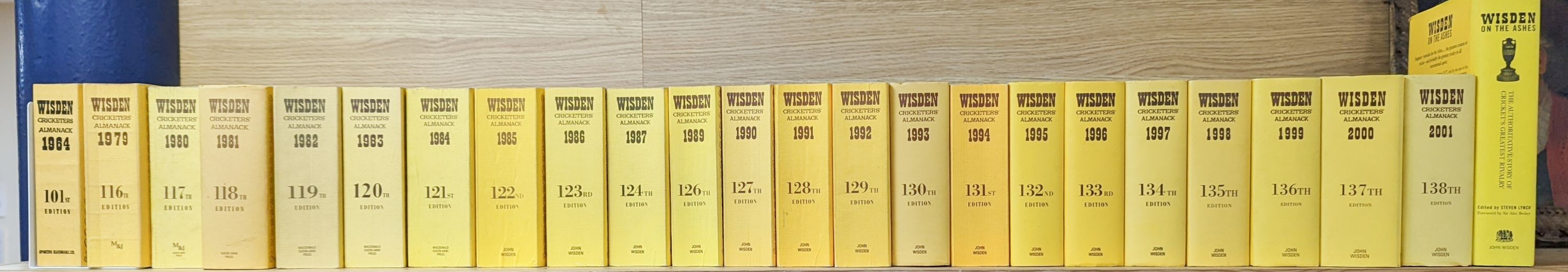 Wisdens Almanack, 73 volumes, 1947-1964, 1966-2020 and one other Wisden edition “On the Ashes”.